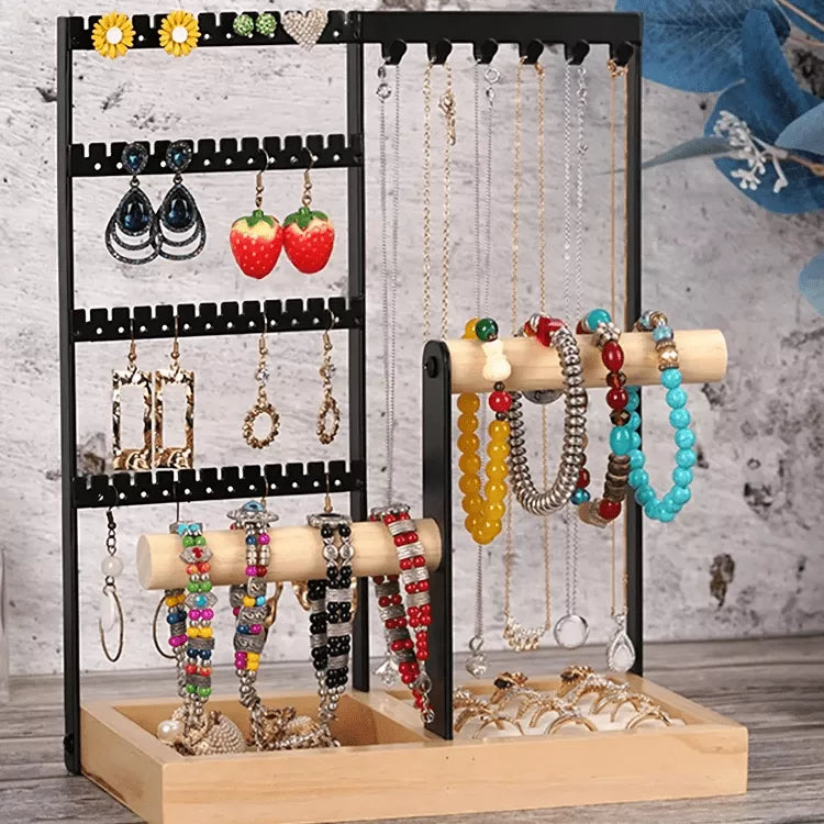 Porte-bijoux prestigieux à 4 niveaux | Idée cadeau pour femme | Présentoir pour boucles d'oreilles, colliers, bracelets, bagues et montres | Thefashin