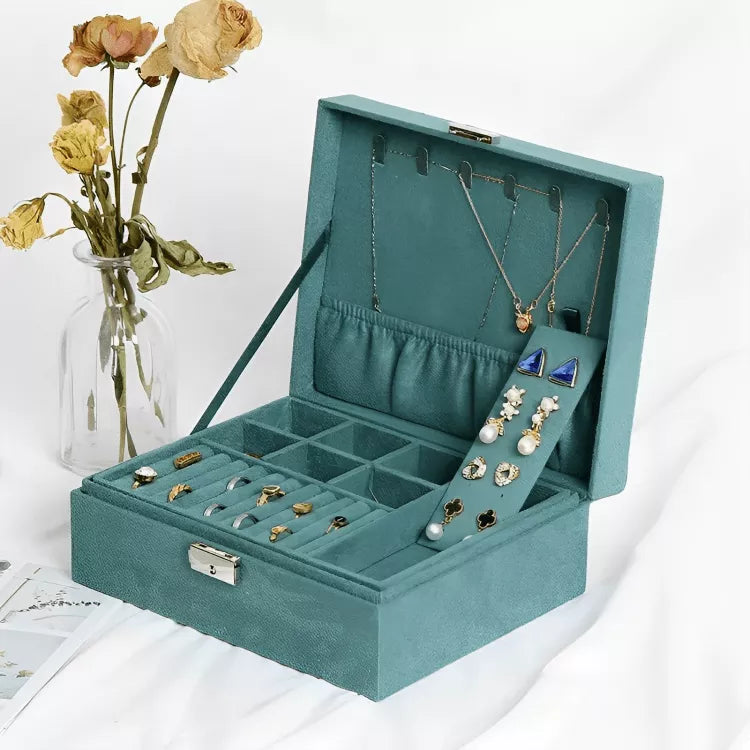 Boîte à bijoux scintillante à double couche en velours | Idée cadeau femme |  Coffret pour boucles d'oreilles, bagues, bracelets, colliers | Thefashin