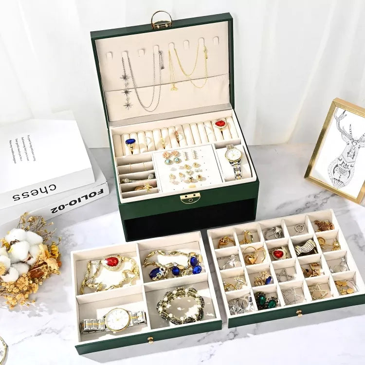 Boîte à bijoux exquise, spacieuse en cuir avec tiroirs | Idée cadeau femme | Coffret pour boucles d'oreilles, colliers, bagues, bracelets | Thefashin