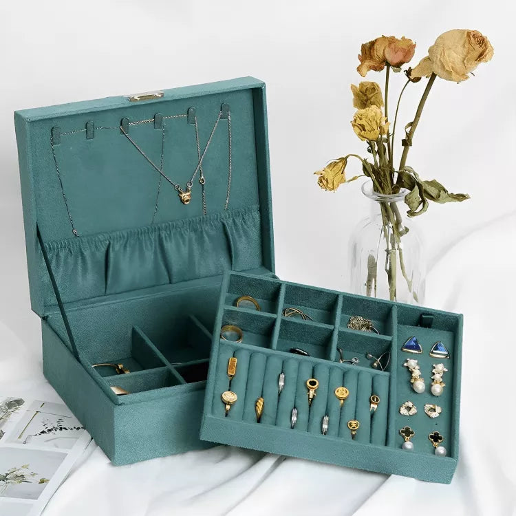 Boîte à bijoux scintillante à double couche en velours | Idée cadeau femme |  Coffret pour boucles d'oreilles, bagues, bracelets, colliers | Thefashin