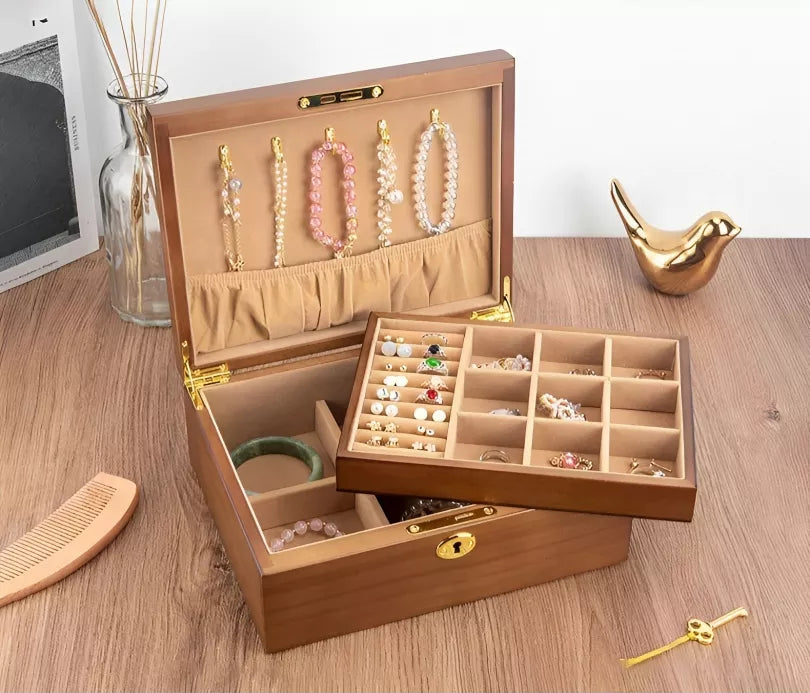 Boîte à bijoux soignée et sécurisée en bois | Idée cadeau pour femme | Coffret pour colliers, bracelets, boucles d'oreilles et bagues | Thefashin