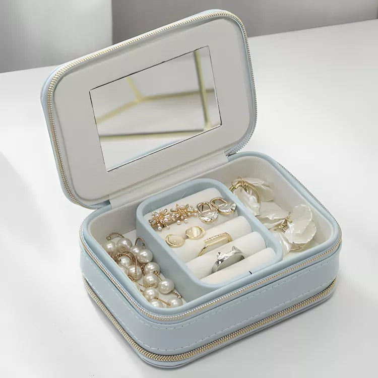 Mini boîte à bijoux de voyage en cuir avec miroir