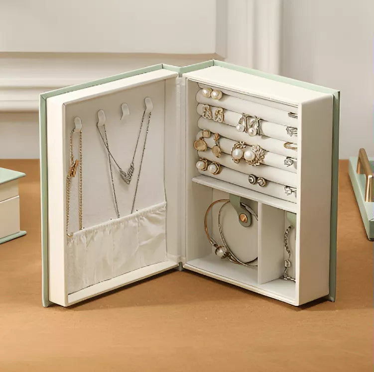 Boîte à bijoux discrète en cuir en forme de livre | Idée cadeau pour femme | Coffret pour boucles d'oreilles, colliers et bracelets | Thefashin