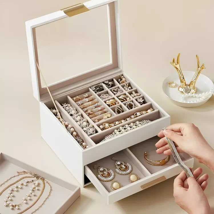 Boîte à bijoux épurée en cuir avec tiroirs | Idée cadeau pour femme | Coffret pour boucles d'oreilles, colliers, bagues, bracelets | Thefashin