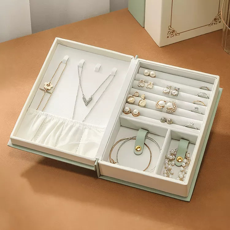 Boîte à bijoux discrète en cuir en forme de livre | Idée cadeau pour femme | Coffret pour boucles d'oreilles, colliers et bracelets | Thefashin